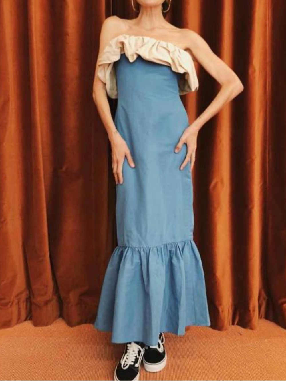 Rejina Pyo Allegra Dress Blue Strapless Ruffle-Hem Maxi with Cream Top Detail
